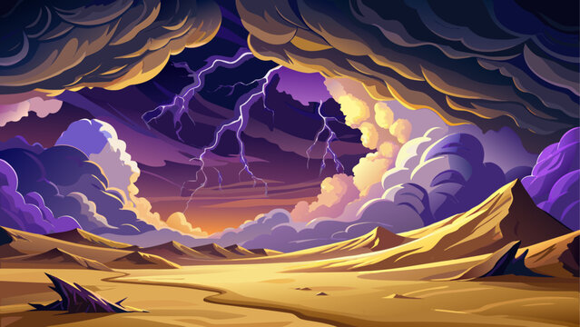 Massive thunderstorm over desert dunes, lightning illuminating golden sand, dark purple clouds rolling across horizon, mysterious and surreal atmosphere full of motion and heat