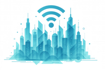 Smart city skyline transmitting wireless internet signals, connecting future urban technology and digital communication
