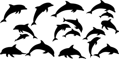 Fototapeta premium Dolphin silhouette vector pattern featuring marine life in black and white