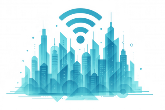 Smart city skyline transmitting wireless internet signals, connecting future urban technology and digital communication