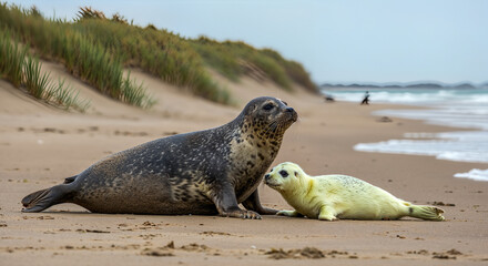 Seals resting on the sandy beach with ocean waves gently rolling in during a cloudy day