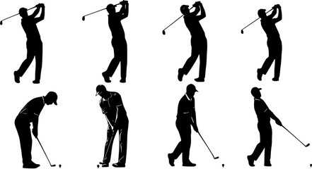 Set of black silhouette vector illustrations depicting different poses of a golfer during a swing