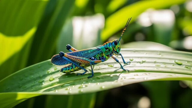 Colorful grasshopper resting on leaf in natural setting outdoors