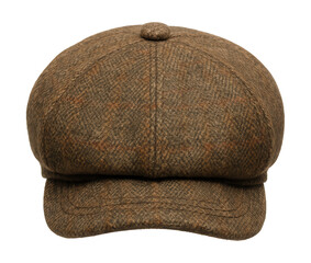 Tweed baker boy cap featuring a top button and stitched visor.