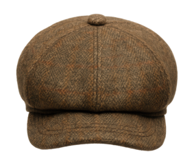 Tweed baker boy cap featuring a top button and stitched visor.