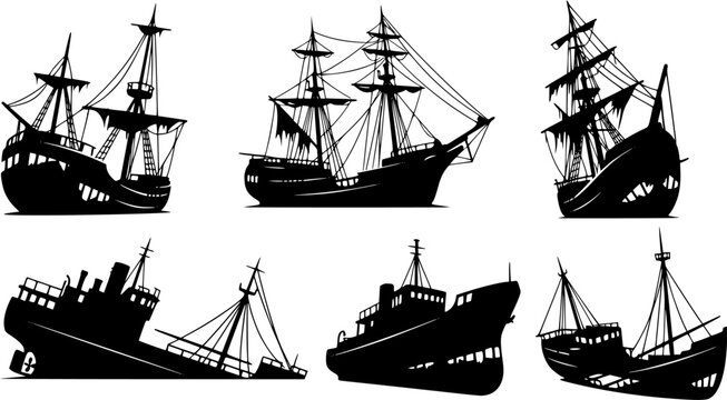 Set of black silhouette vector illustrations depicting various pirate ships and sunken boats