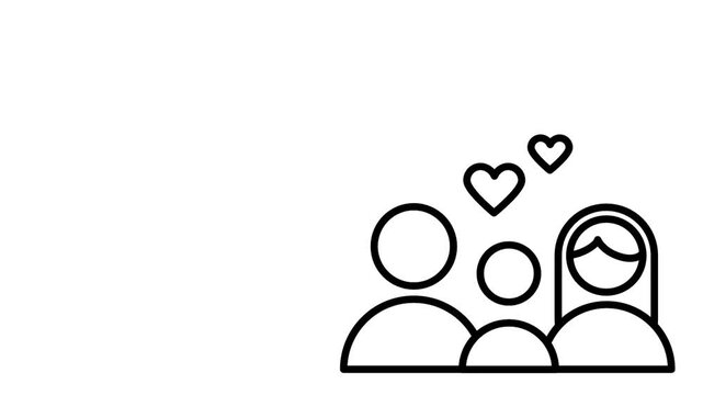 A simple black and white illustration of a smiling family with hearts above symbolizes love, connection, and unity in a minimalist style.