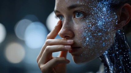 Generative artificial intelligence technology creates a futuristic human-like figure with digital features in a high-tech environment - Powered by Adobe