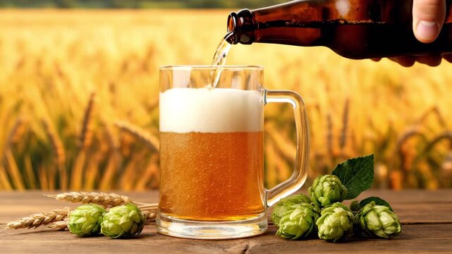 Beer is poured into an empty mug on a wooden table with hop cones and barley, a barley field in the background.
