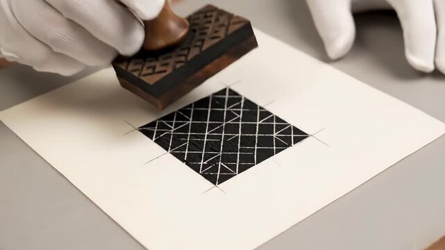 Closeup of a person wearing white gloves using a traditional wooden stamp to create a pattern on white paper showcasing a historical printing technique.
