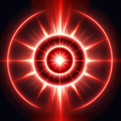 A radiant burst of red light emanating from a central point, surrounded by concentric circles on a dark background, creating a powerful glow