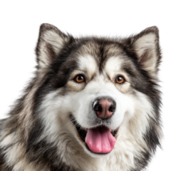 Playful alaskan malamute dog animal portrait bright isolated on transparent background