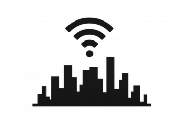 City skyline silhouette with wireless network signal, representing smart city infrastructure and urban connectivity