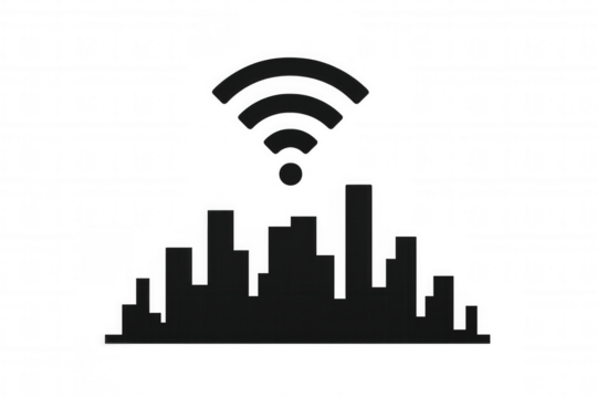 City skyline silhouette with wireless network signal, representing smart city infrastructure and urban connectivity