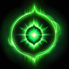 Glowing emerald orb with radiating energy and symmetrical design on a dark background evokes magic and power, perfect for fantasy themes