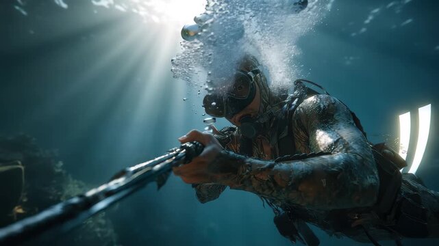 Diver points speargun at viewer while submerged in clear ocean water illuminated by sunlight filtering through the surface