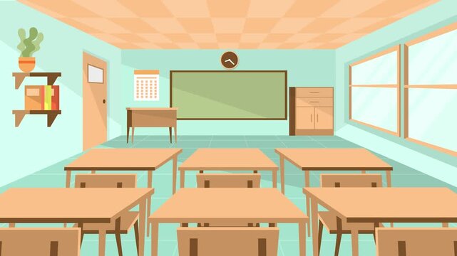 Empty Classroom Interior With Desks Blackboard Calendar and Plant Flat Design