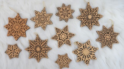 Wooden Snowflake Ornaments on Soft White Fur

