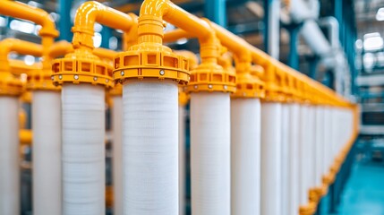 Reverse osmosis membrane filters arranged in modular system inside clean industrial plant.