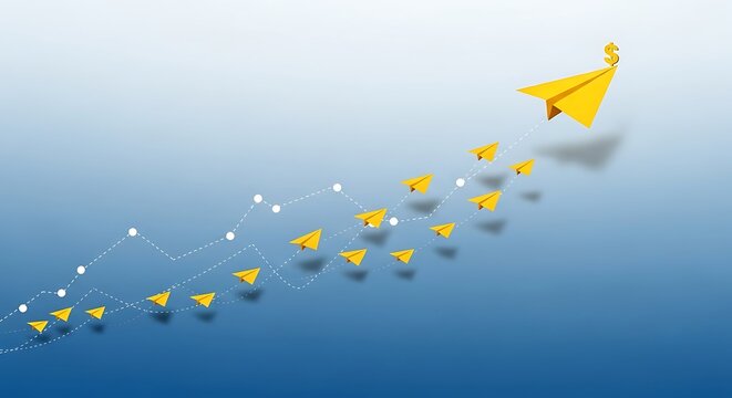 Yellow Paper Airplanes Moving Upward Toward Dollar Sign in Cloudy Sky with Graph Line Chart