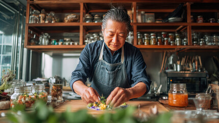 Elderly chef chopping fresh vegetables at a rustic kitchen counter with shelves of spices