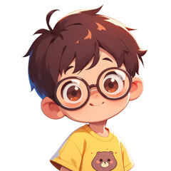Obraz premium Adorable cartoon boy with large round glasses and dark hair smiles brightly against a dark background