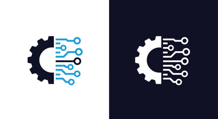 Digital gear and circuit board technology icon set for modern applications -  Glyph solid icon - Editable modern style icon.