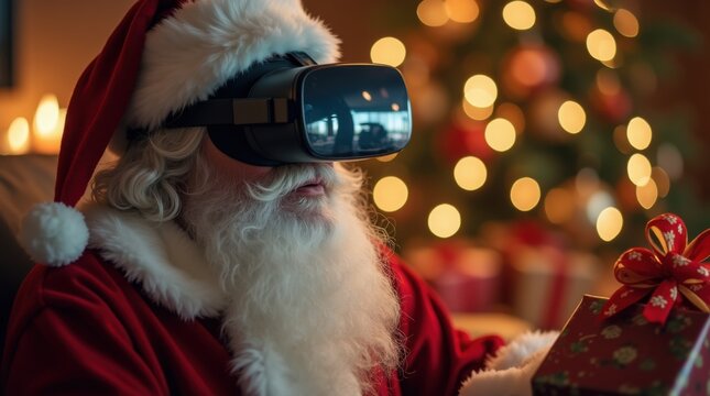 Santa Claus wearing VR headset with Christmas gifts, modern holiday technology portrait
