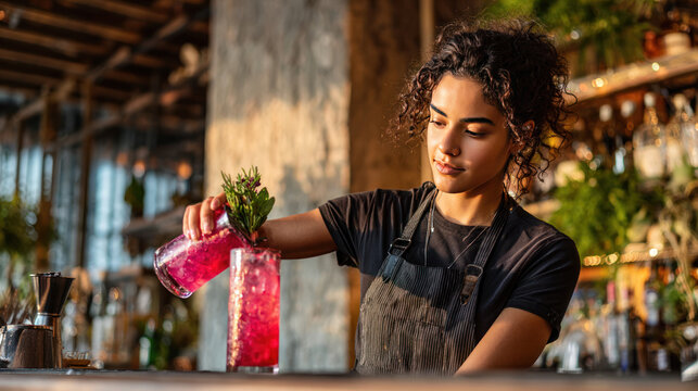Smiling bartender making craft mocktail at outdoor evening bar