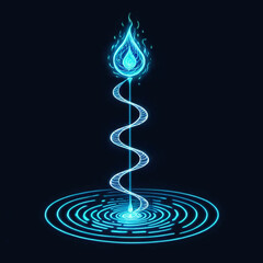 Abstract glowing blue flame with swirling energy on dark background, representing energy and concepts