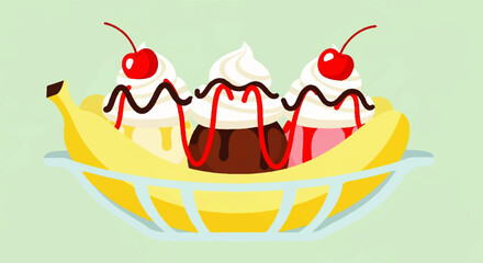 Delicious Banana Split A Colorful Illustration of a Classic Dessert with Cherries on Top