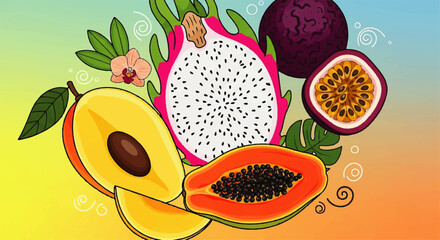 Vibrant Assortment of Exotic Tropical Fruits - Dragon Fruit, Passion Fruit, Papaya, and Mango