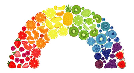 Colorful assortment of sliced fresh fruits meticulously arranged to form a rainbow arc, a vector illustration representing diet and wellness