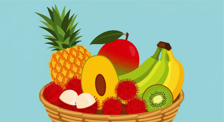 A vibrant basket brimming with an assortment of fresh, tropical fruits including pineapple, mango, bananas, lychee, avocado, and kiwi, artfully arranged on a blue background