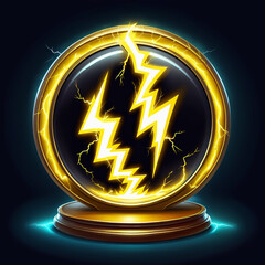Bright yellow lightning bolts crackle within a golden framed orb resting on a wooden stand, surrounded by glowing blue energy and electrical sparks