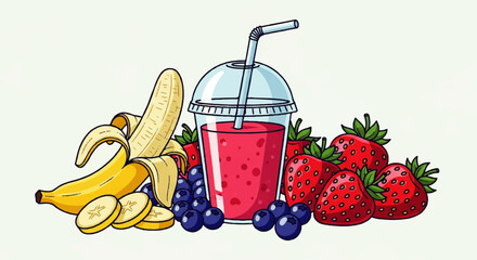 Freshly Blended Berry and Banana Smoothie with Strawberries and Blueberries, Healthy Refreshment