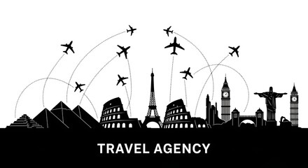 Travel agency silhouette with airplanes and famous landmarks