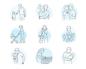 Fototapeta premium Collection of hand drawn medical professionals and patients in blue outline style