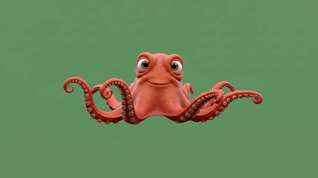 Cute animated octopus with big eyes smiling on a green background.