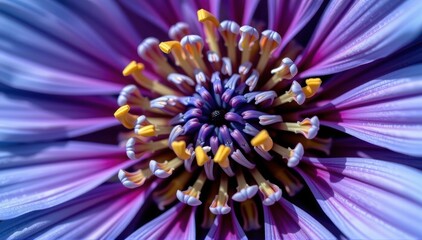 Obraz premium Close-up macro of a vibrant blue aster flower, intricate petals and stamen, flora, vibrant