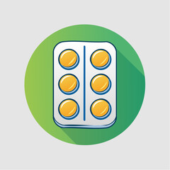 Blister pack of round yellow pills with green circle background illustration