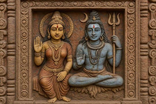 Lord shiva and parvati relief sculpture in a traditional hindu temple frame, representing cosmic union