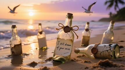 bottles with love notes on a beach at sunset, evoking romance, longing