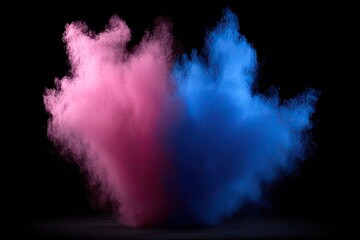 Swirling pink and blue powder cloud on black background