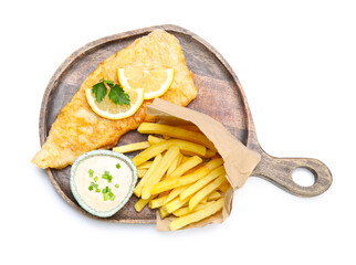 British Traditional Fish and chips with sauce, lemon and parsley isolated on white, top view
