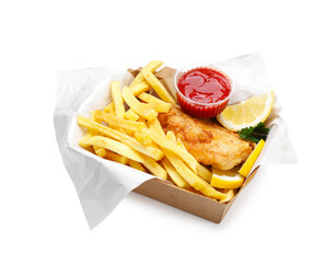 British Traditional Fish and chips with sauce, lemon and parsley in paper box isolated on white