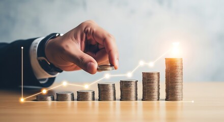 A Close Up Of A Mans Hand Adding A Coin To A Growing Stack Of Coins On A Table With A Glowing Financial Growth Chart Behind Him