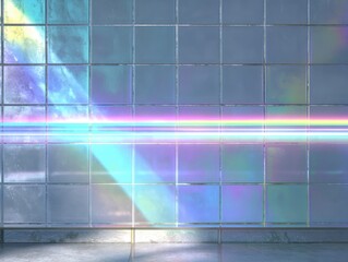 Chromatic Prism on Tiled Wall: Refracting Light Spectrum Across Textured Surface with Abstract Color Display and Grid Pattern for Contemporary Design Concept and Gradient Illumination
