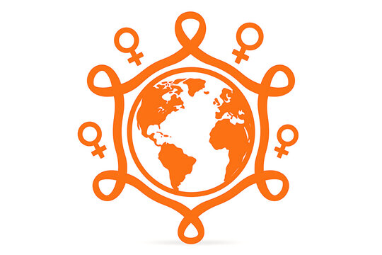 Orange world globe illustration surrounded by female gender and awareness ribbon icons representing women empowerment unity - Powered by Adobe