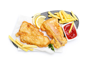 British Traditional Fish and chips with sauce, lemon and parsley isolated on white, top view